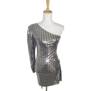 Olivaceous Sequin Look Metallic One Shoulder Mini Party Dress Silver Size Small